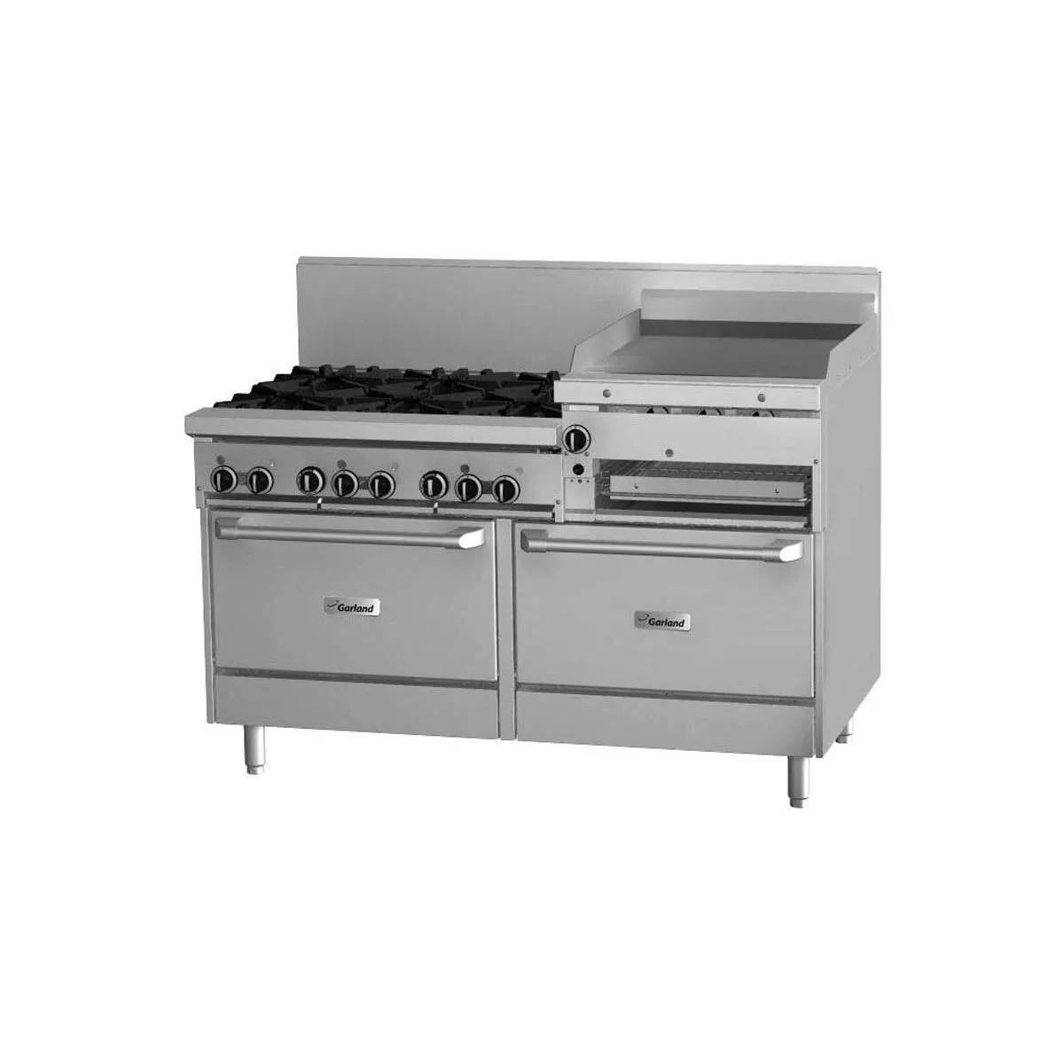Garland US Range GFE60-6R24RR 60" Gas Restaurant Range, (6) Open Burners, 24" Raised Griddle/Broiler, Electric Spark Ignition, (2) Standard Ovens, 265.000 BTU