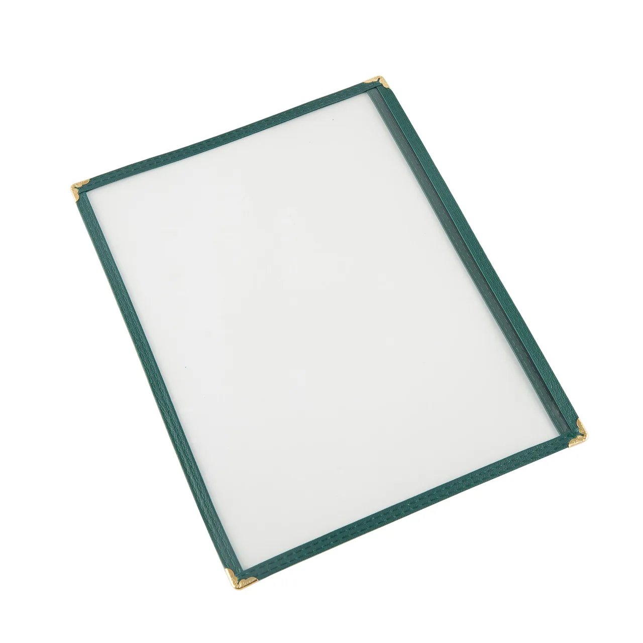 CAC China MCP1-911GN Menu Cover - 8-1/2" x 11" Vinyl Booklet, Green Trim, Brass Corners, Double‑Sided