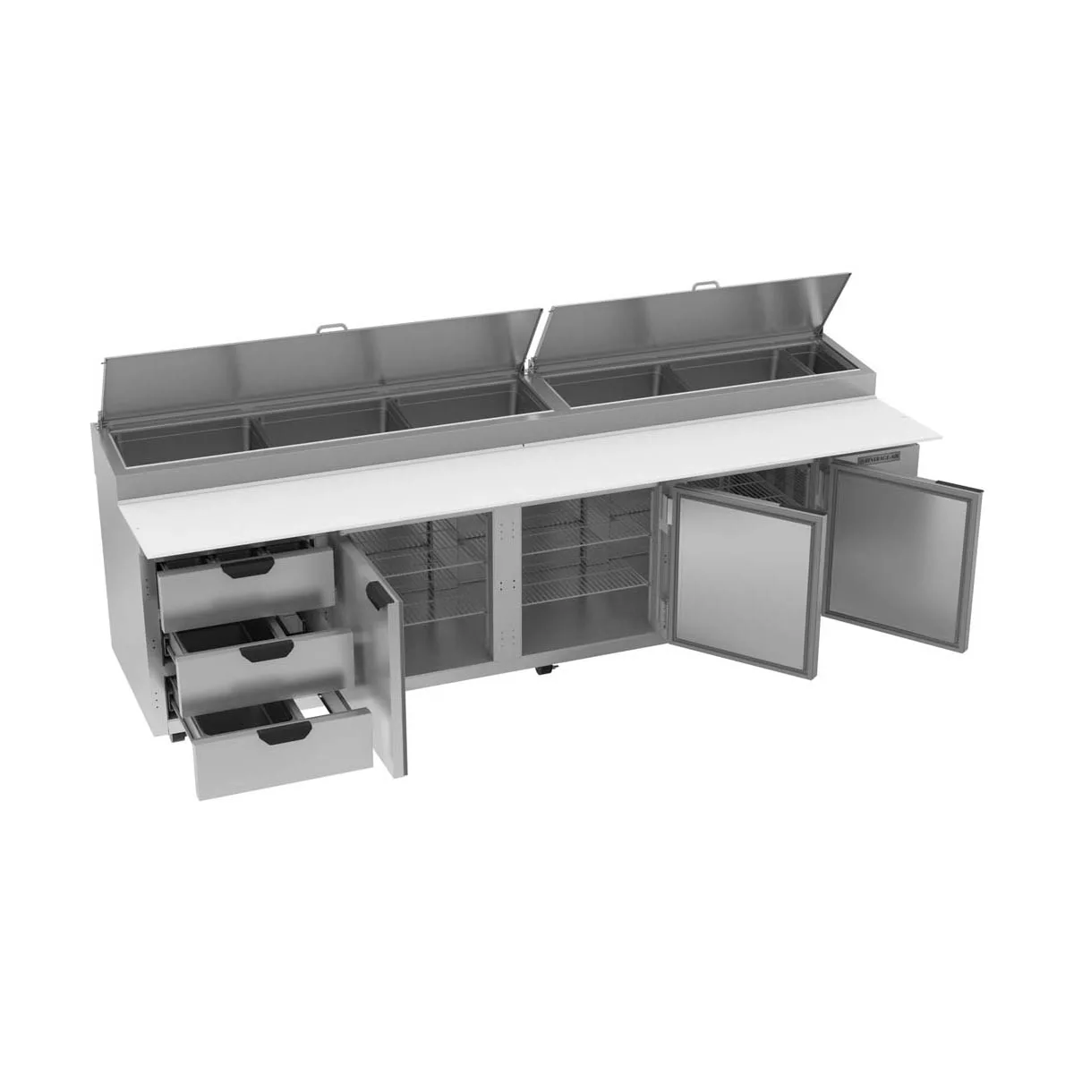 Beverage-Air DPD119HC-3 119" 4-Section Refrigerated Pizza Prep Table w/ 3 Doors & 3 Drawers