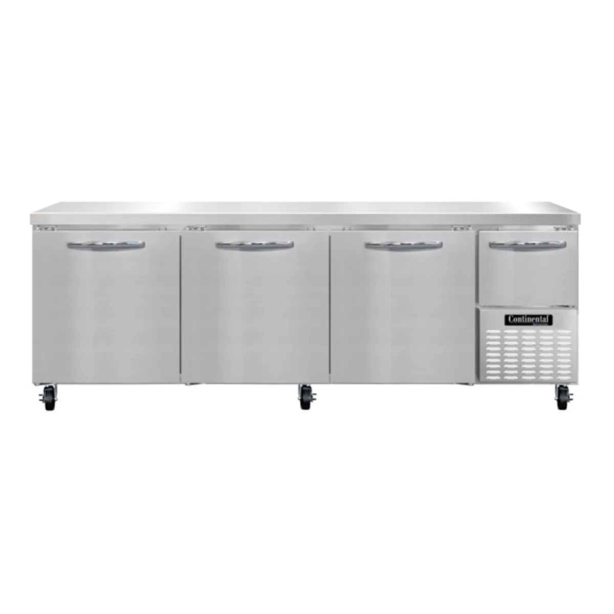 Continental Refrigerator RA93N 93" Worktop Refrigerator w/ 3 Full & 1 Half Doors, Stainless Steel Flat Worktop