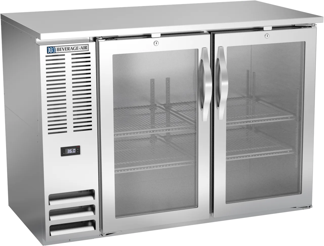 Beverage Air BBN48HC-FG-S Bar Cooler, 48"W x 26-3/8"D x 34"H, 12.56 cu ft, 2 Glass Doors, 1/4 HP 115V