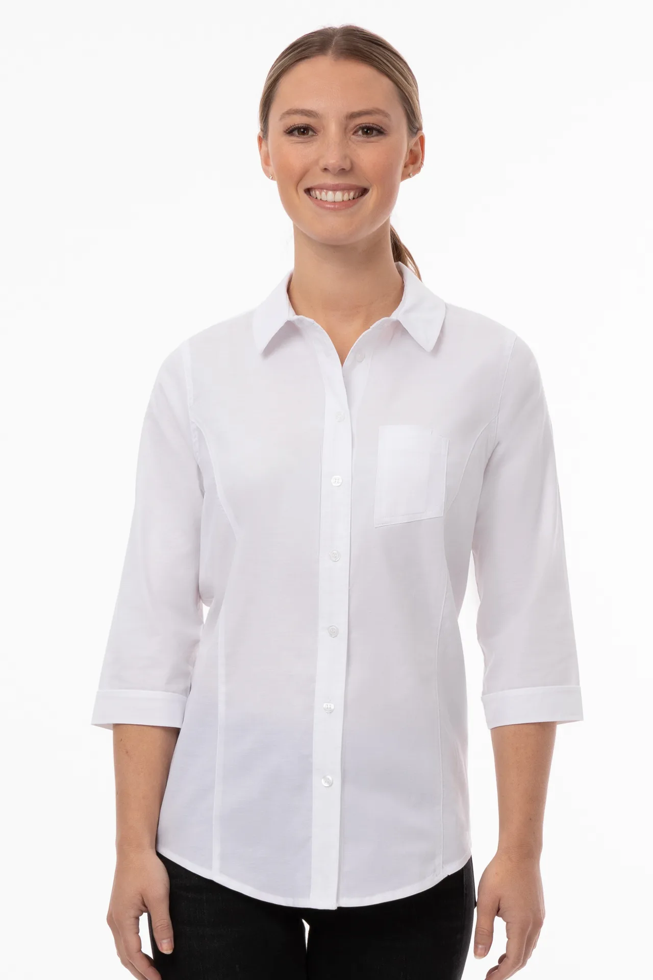 Chef Works SES01W-WHT-S Modern Oxford Classic Cook Shirt, Small, White, Poly/Cotton/Elastane