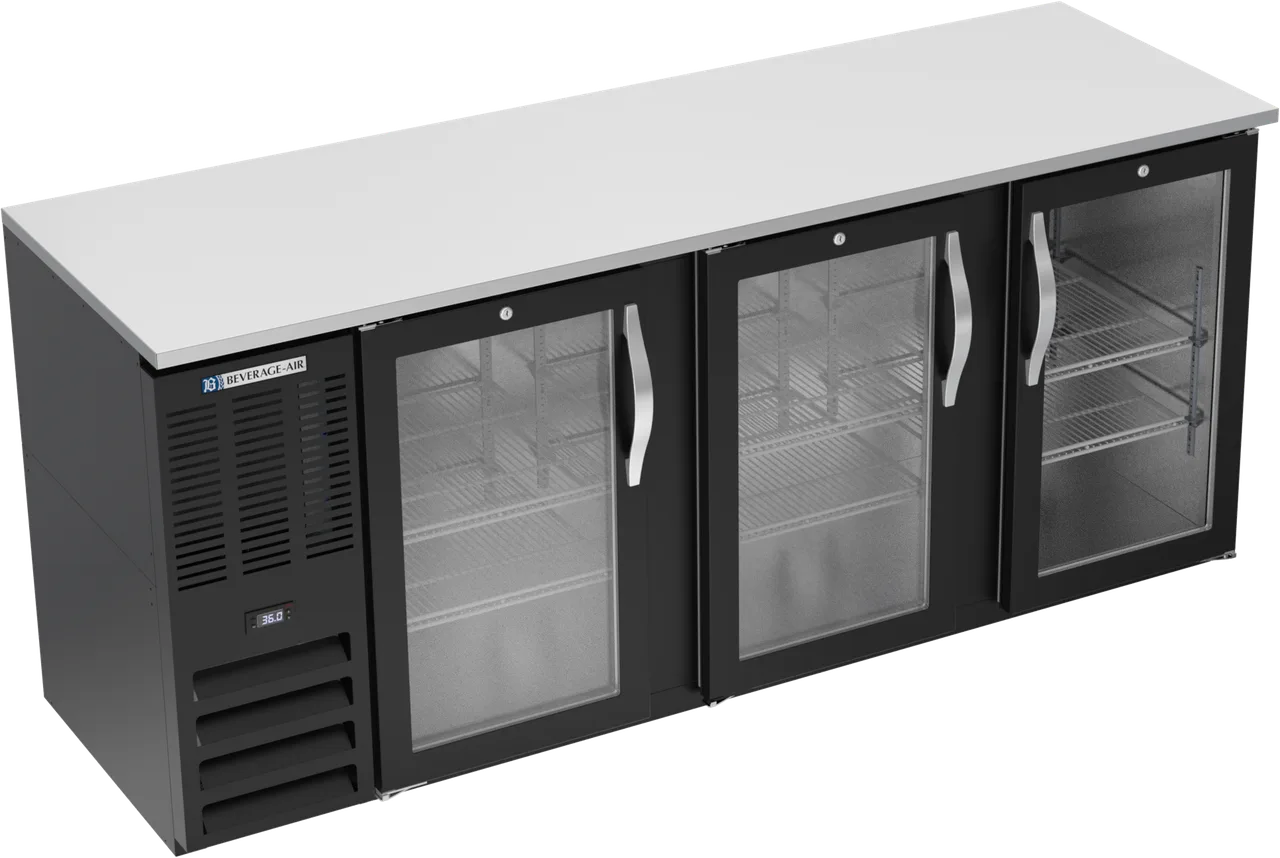 Beverage Air BBN78HC-G-B Back Bar Cooler, 78"W x 26"D x 34"H, 21.7 cu ft, 3 doors, LED, R290, 1/3 HP