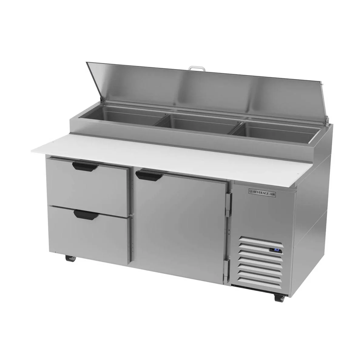 Beverage-Air DPD67HC-2 67" 2-Section Refrigerated Pizza Prep Table w/ 1 Door & 2 Drawers
