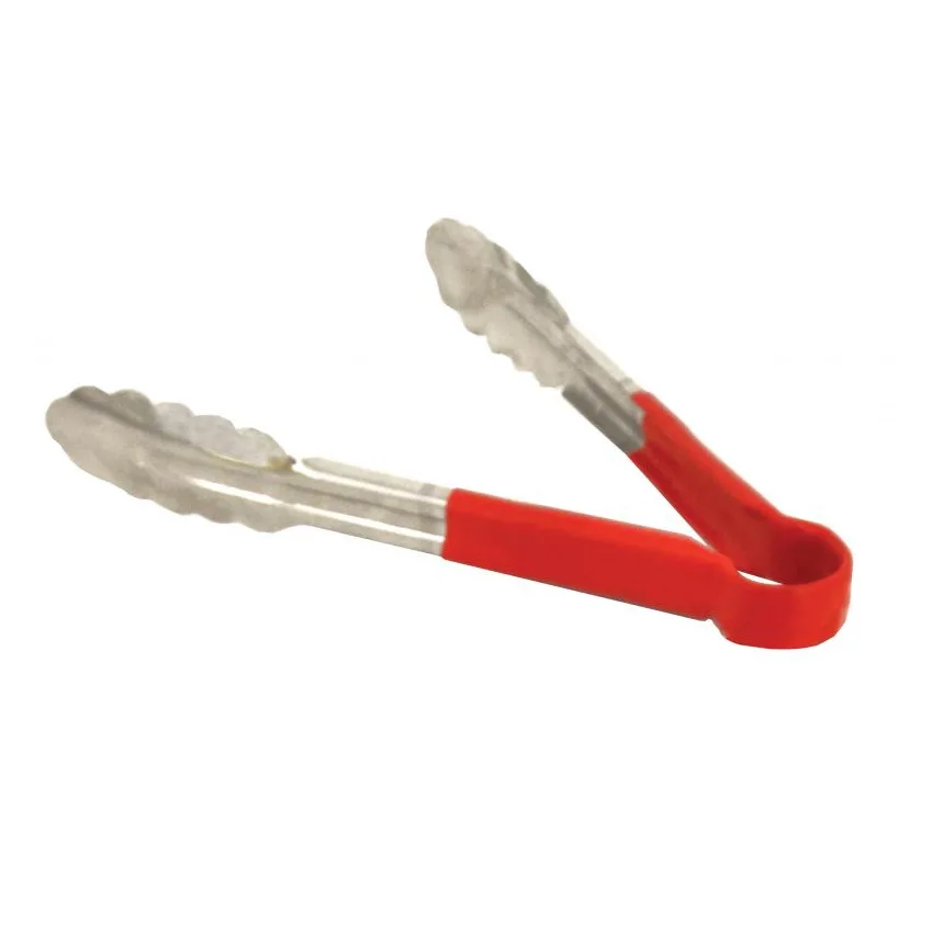 Omcan USA 80541 Utility Tongs – 9" Stainless Steel Tongs with Red Plastic Coated Handle