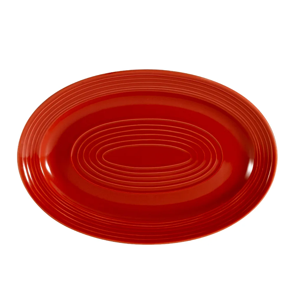 CAC China TG-12-R Tango Platter 10-5/8" L x 7-3/4" W x 1-1/8" H Oval Porcelain Red Embossed - Dozen