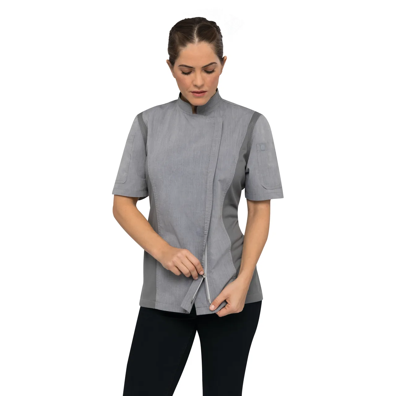 Chef Works BCWSZ006-GRY-XL Chef Coat, Short Sleeve, Gray XL, 65/35 Poly/Cotton Twill, Vent, Zipper