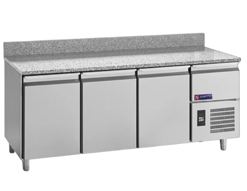 AMPTO MPP-3BS 84" 3-Door Refrigerated Pizza Prep Table, 16 cu ft, Granite Top