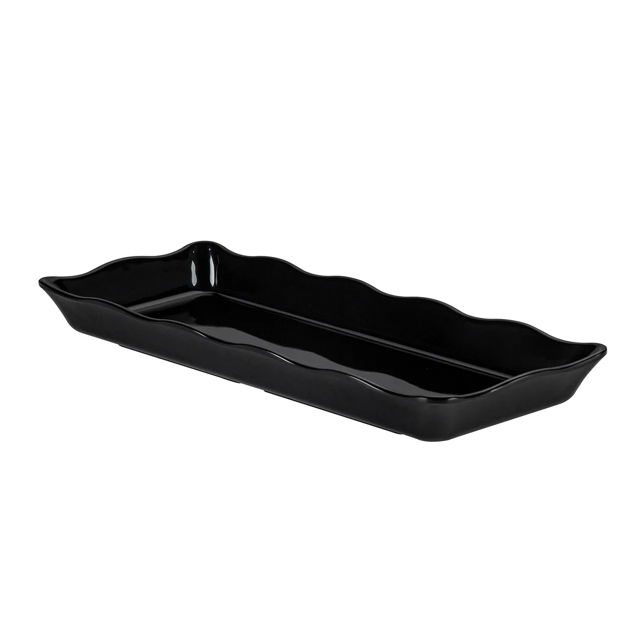 CAC China MLSC-RT151-K Rectangular China Platter 14"W x 5-3/4"D x 1-1/2"H Black Scallop Edge - Dozen