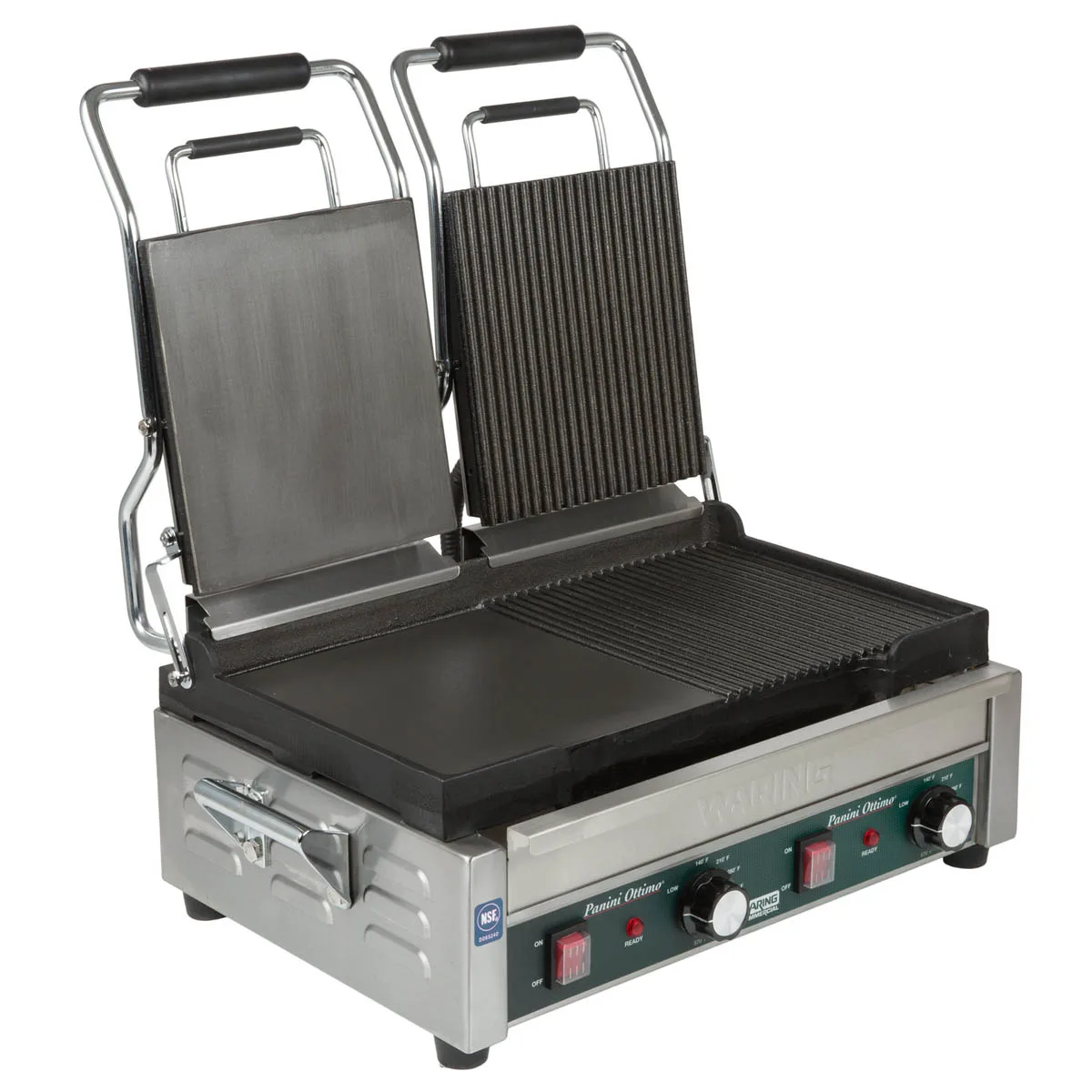 Waring WDG300T Double Cast Iron Sandwich Panini Grill w/ Timer, Smooth & Grooved Plates, 240V