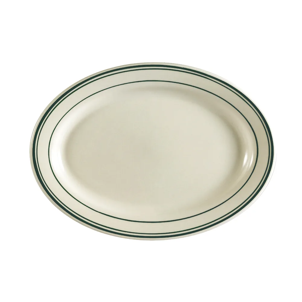 CAC China GS-13 Platter, 11-1/2" L x 8-1/4" W x 1-1/4" H, Oval, Ceramic, Green/White - Dozen