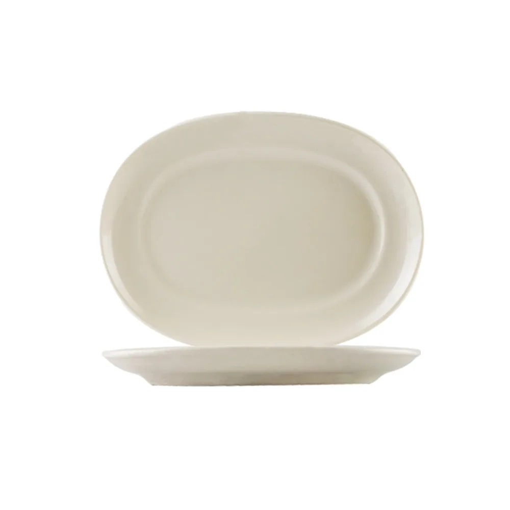 CAC China REC-D13 D-End Platter, 12" L x 9" W x 1-3/8" H Ceramic White, Dishwasher Safe - Dozen