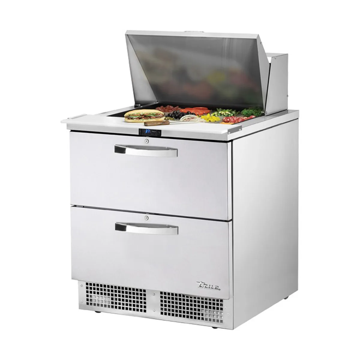 True TFP-32-12M-D-2-HC~SPEC3 32" Mega Top Sandwich/Salad Prep Table w/ 2 Drawers, 12 Pans
