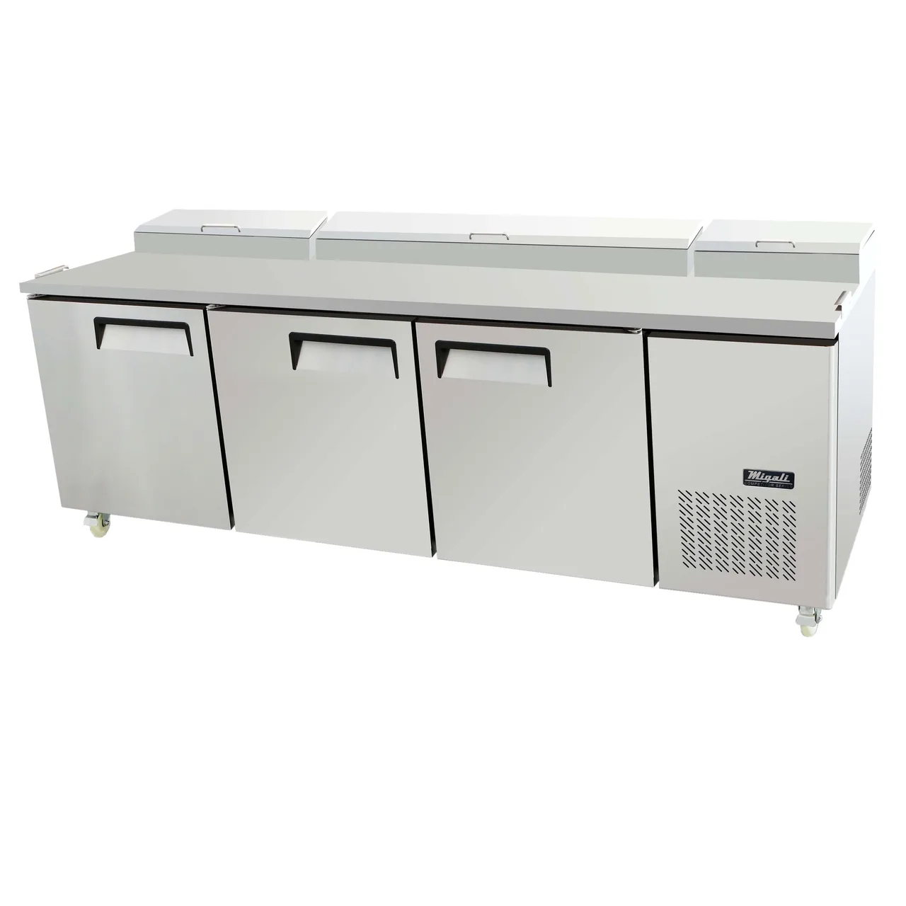 Migali C-PP93-HC 93" 3-Section Refrigerated Pizza Prep Table w/ 3 Doors, (12) 1/3 Size Pans