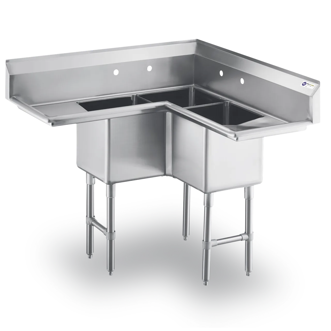 Steel Works SWCS3C141412-14LR-318 44" 3 Compartment Corner Sink, 14"W x 14"L Bowl-Stainless Steel