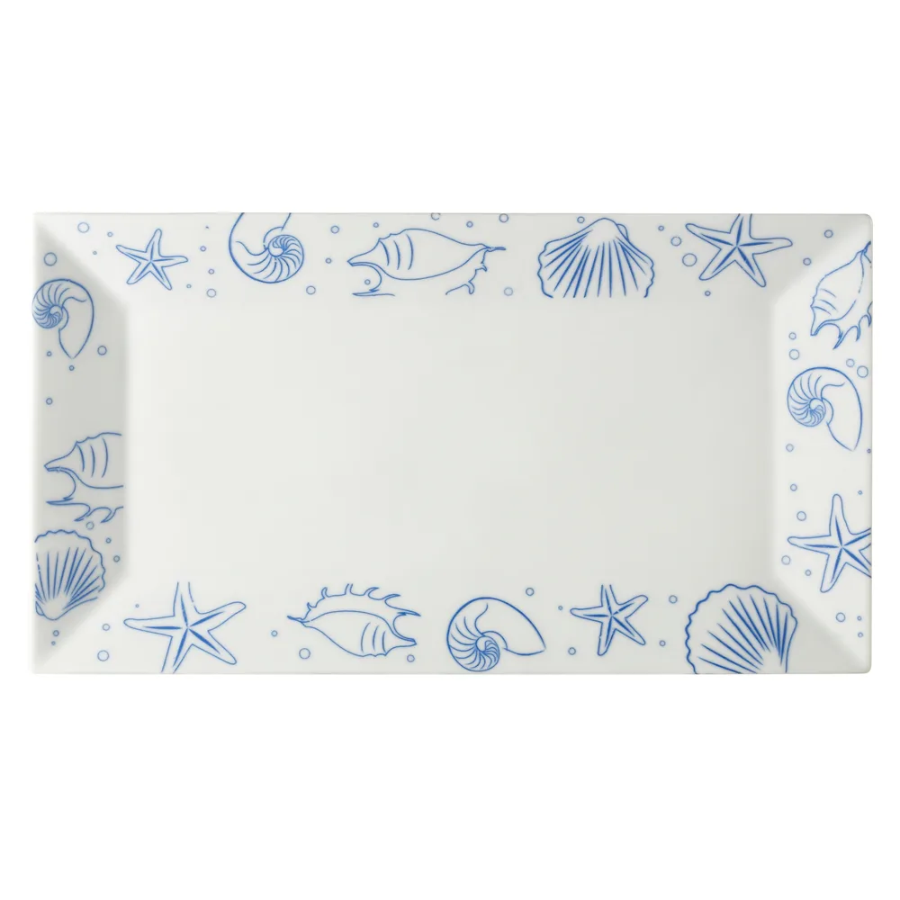 CAC China ATC-RT51 Platter, 14-1/2" L x 8-1/4" W x 1-1/4" H, Porcelain, Blue Rim, White - Dozen