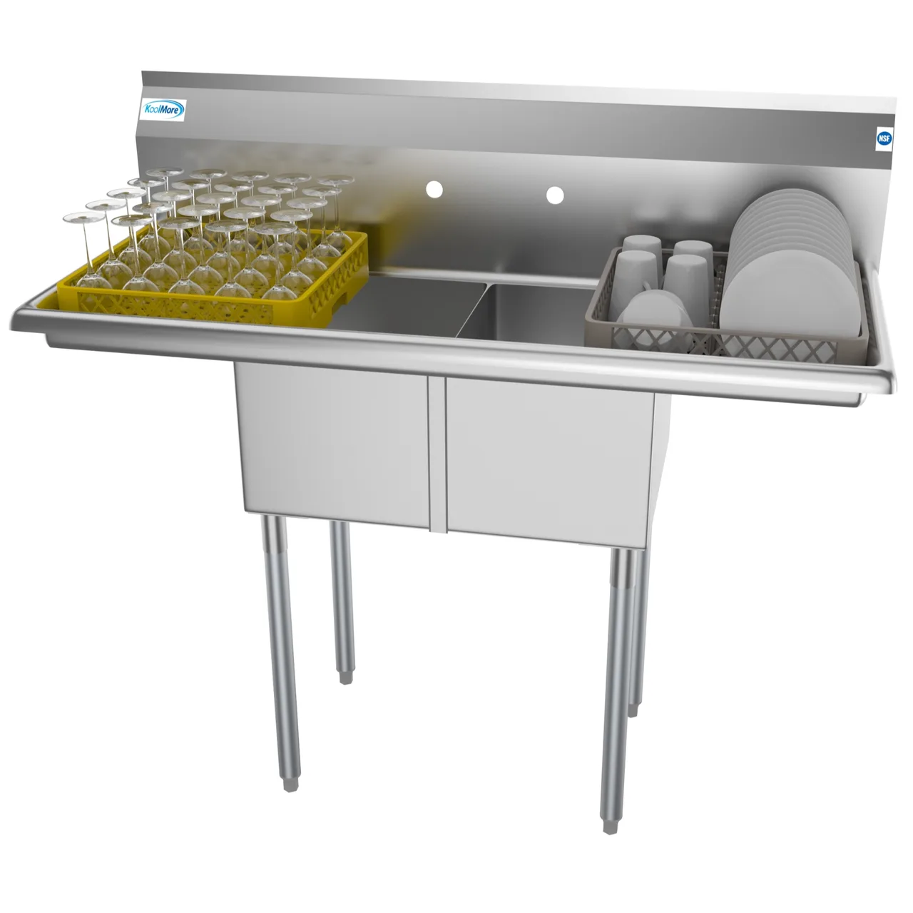 Koolmore SB121610-12B3 48" Two Compartment Sink, 12"W x 16"L Bowl With 2 Drainboards