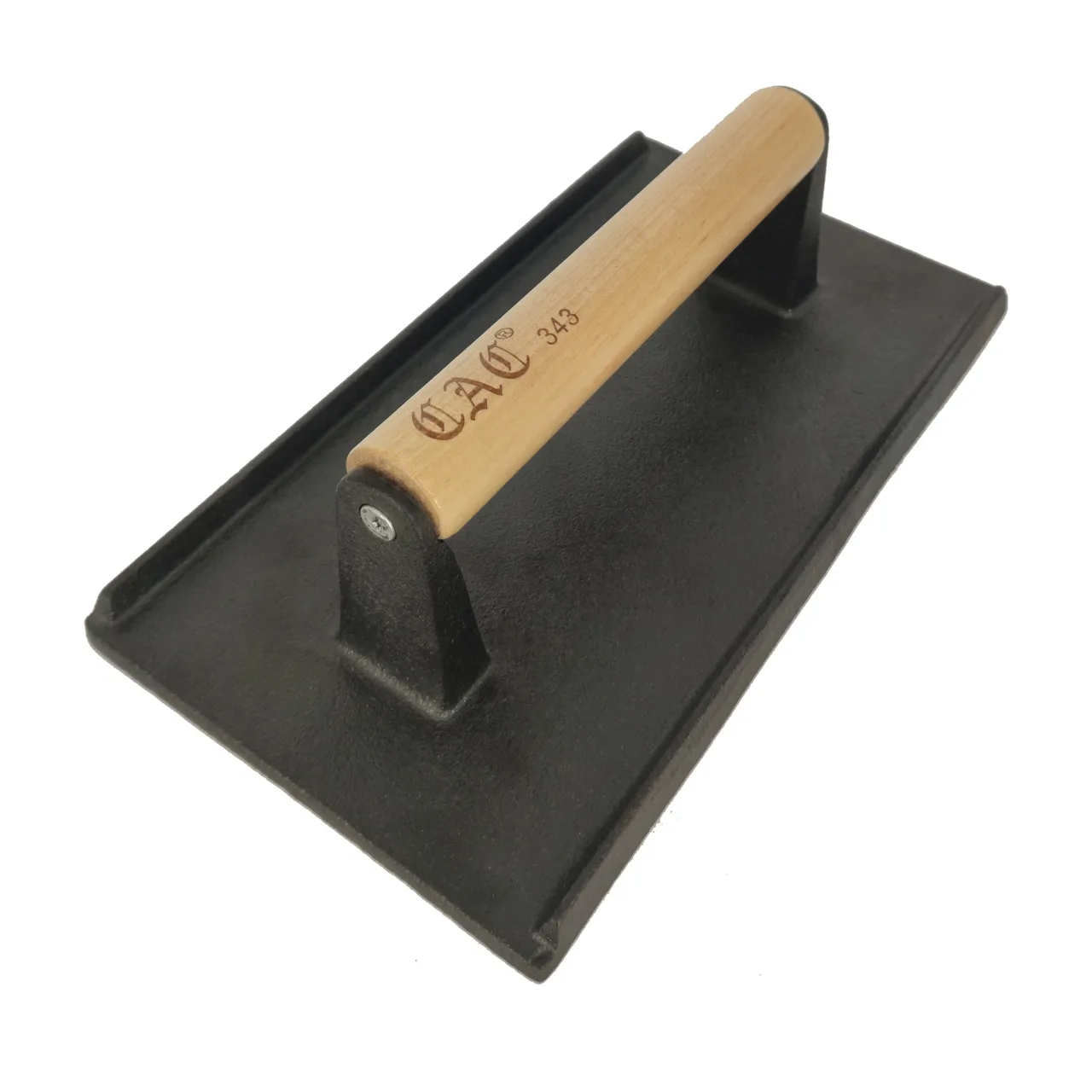 CAC China SWCI-20 Steak Weight 2 lbs 8.25" x 4.25" Textured Bottom Wooden Handle Cast Iron