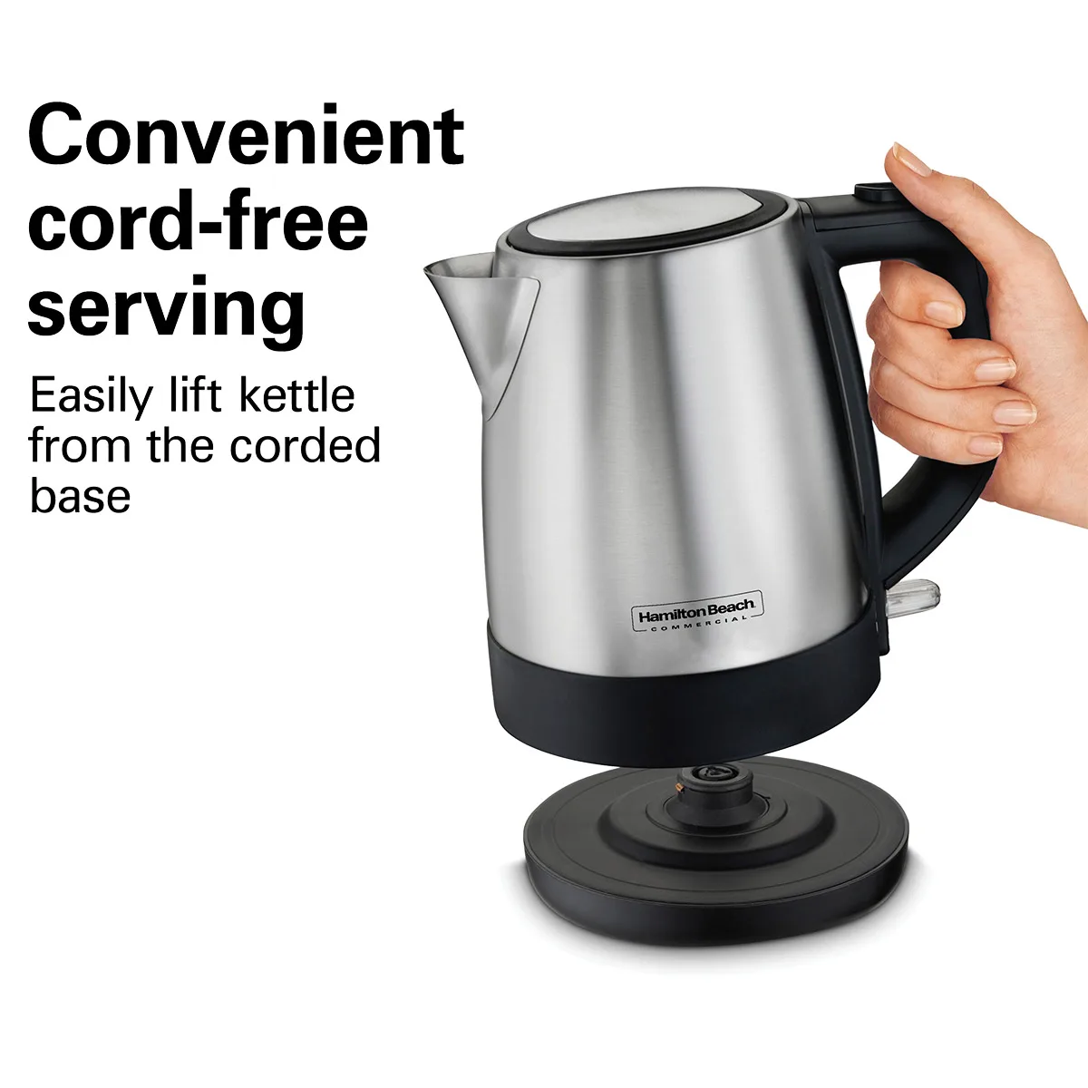 Hamilton Beach HKE110 1L Stainless Concealed Element Shutoff/Boil‑Dry, Spout w/ Mesh, 3′, 120V/1200W