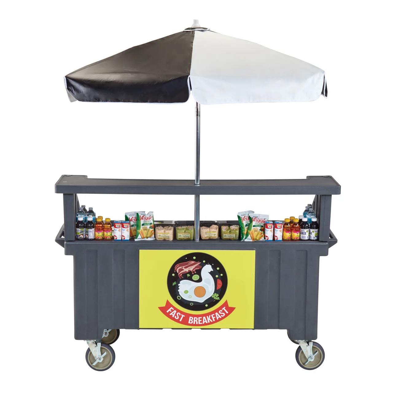 Cambro CVC72191 Camcruiser Granite Gray Vending Cart w/ Umbrella, 3 Counter Wells, 3 Compartments