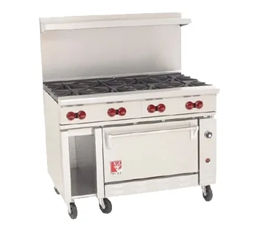 Wolf C48C-8B 48" Gas Restaurant Range w/ (8) Open Burners, (1) Convection Oven (1) Cabinet Base, 275.000 BTU