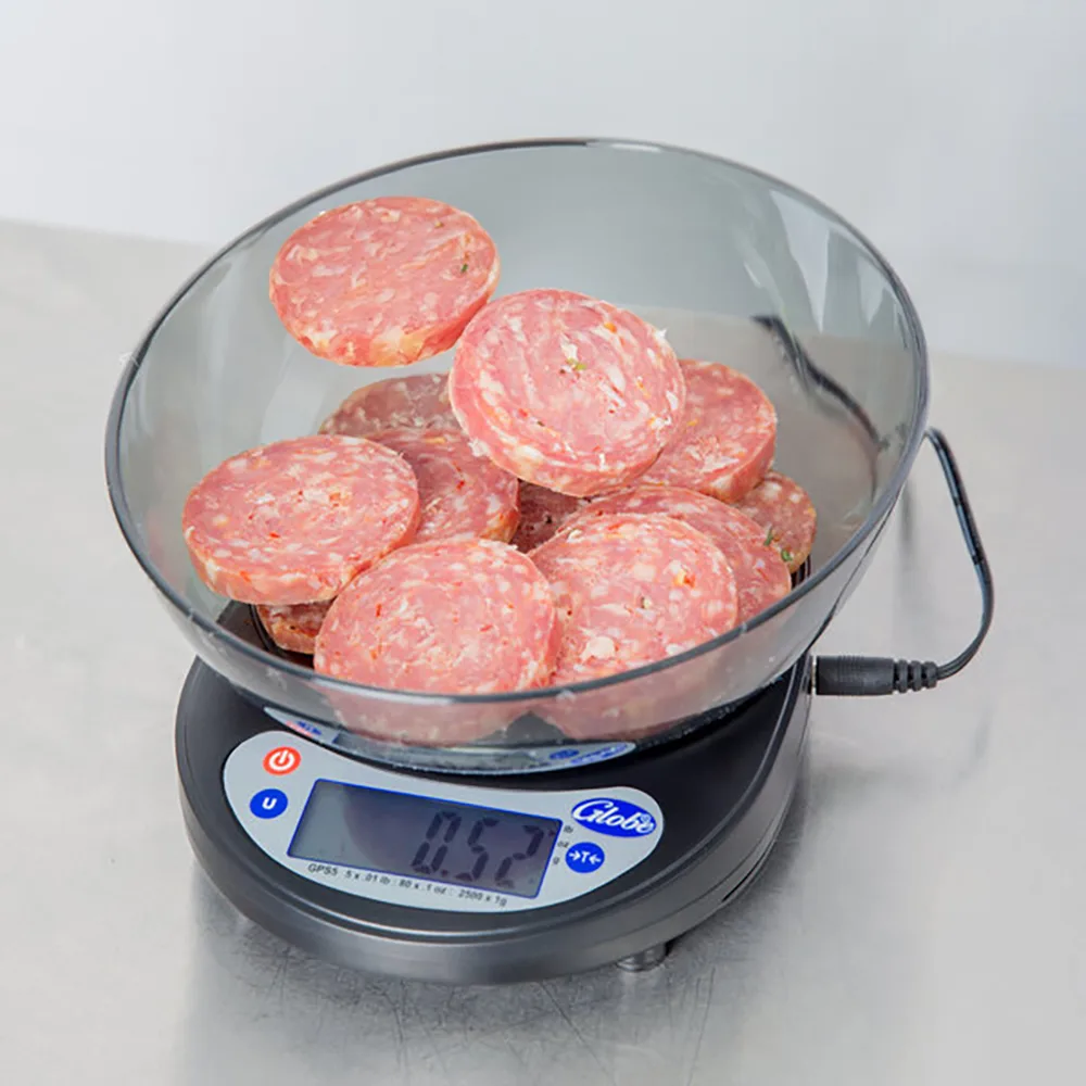 Globe GPS5-16 Portion Control Scale – 5 lb/2200 g, 4" Stainless Steel Round Platter, Zero Tare, Case of 16