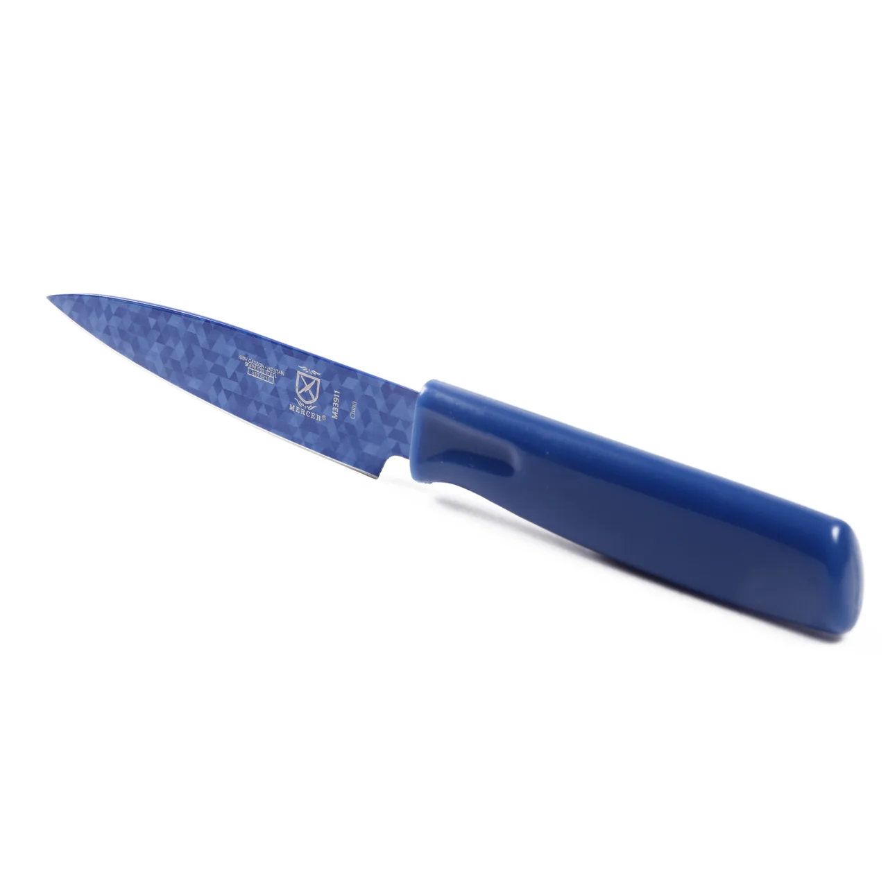 Mercer M33911B Paring Knife - 4" Blue Blade, High-Carbon Steel Non-Stick Coating, ABS Handle, Sheath