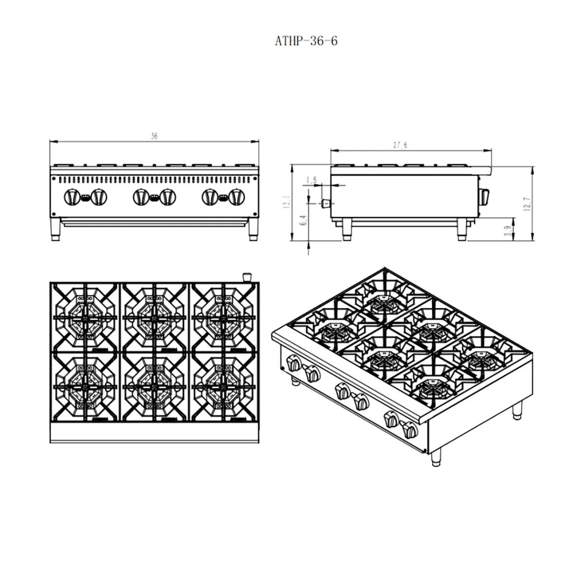 Atosa USA ATHP-36-6-LP 36" Countertop LP Gas Hotplate w/ (6) Burners, Manual Controls, 150.000 BTU