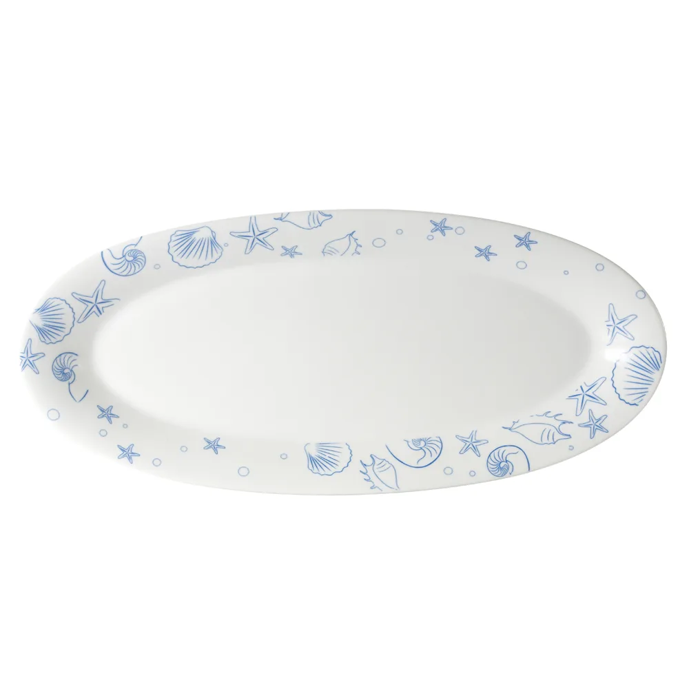 CACChina ATC-99 Atlantic Fishia Platter, 23"L x 10-1/4"W x 2"H, Porcelain, Blue Rim, Dishwasher Safe