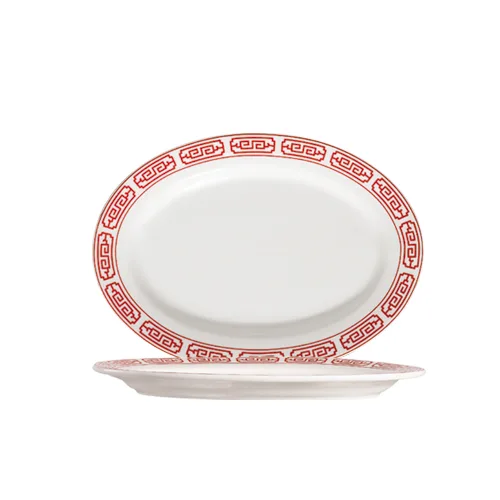 CAC China 105-61 Red Gate Platter - 16" L x 11-1/8" W x 1-3/8" H Porcelain Red/Bone Rolled - Dozen