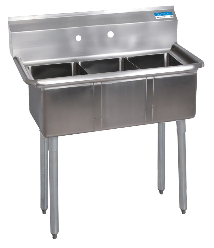 BK Resources ES-3-1014-10 35" Three Compartment Sink, 10"W x 14"L Bowl Without Drainboard