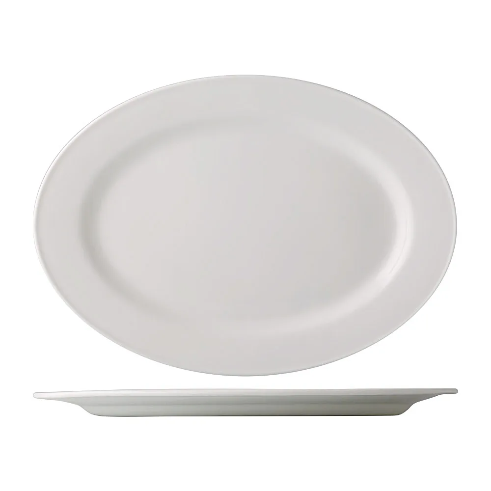 CAC China EVT-14 Everest Platter 12-3/4" Oval White Porcelain Bead Edge Dishwasher Safe - Dozen