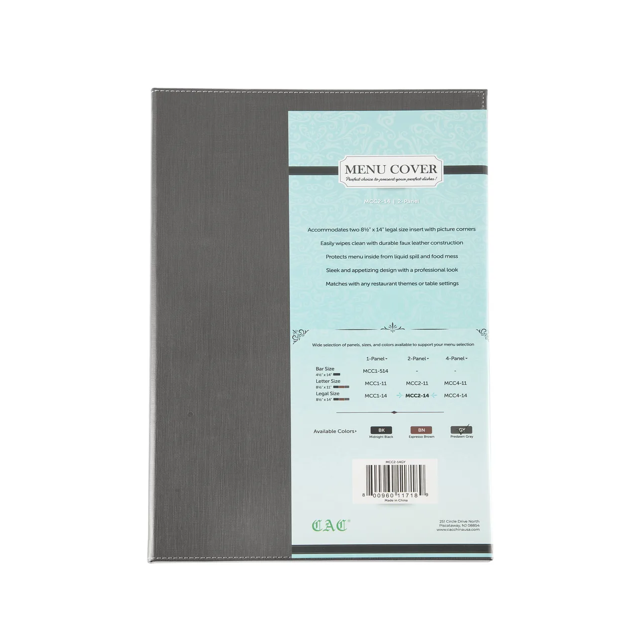 CAC China MCC2-14GY Menu Cover - 2‑Panel Legal Size 8‑1/2" x 14" Faux Leather Gray Booklet