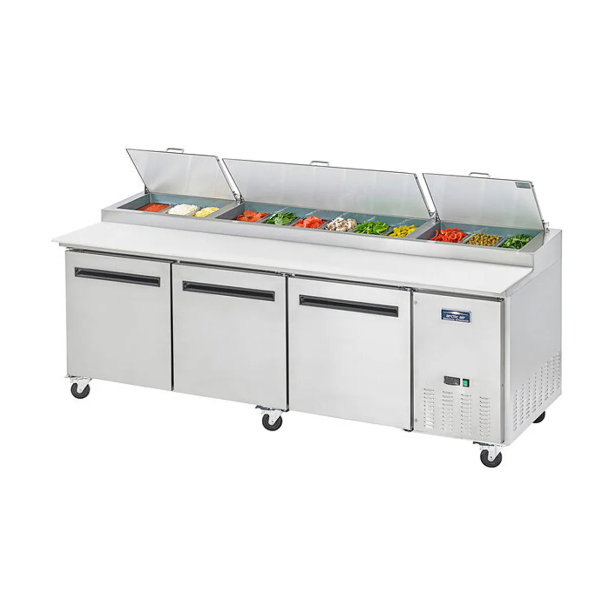 Arctic Air APP94R 94" 3-Section Refrigerated Pizza Prep Table w/ 3 Doors, (12) 1/3 Size Pans
