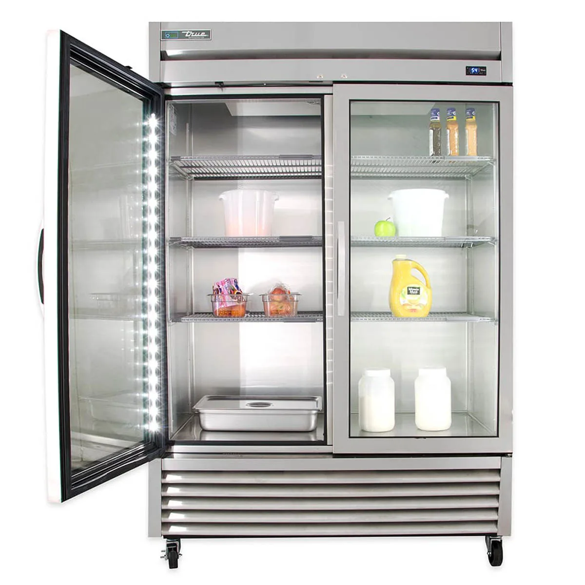 True T-49G-HC~FGD01 54" 2-Section Reach-In Refrigerator w/ 2 Glass Doors, Bottom Mount, Stainless Steel Front-Aluminum Sides