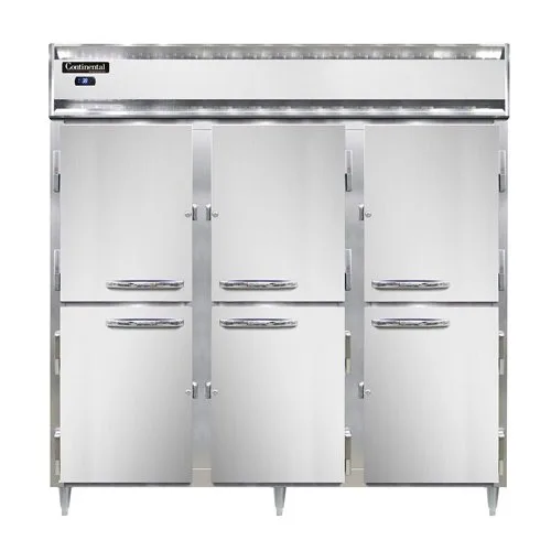 Continental Refrigerator D3RNHD 78" 3-Section Reach-In Refrigerator w/ 6 Solid Half Doors, Stainless Steel Front Aluminum Exterior, 72 cu. ft.