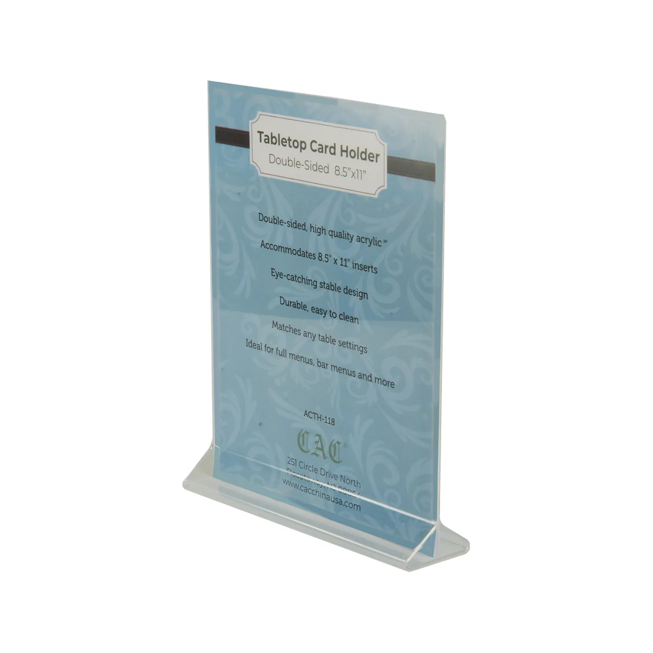 CAC China ACTH-118 Menu Card Holder – 8½" W x 11" H Acrylic, BPA‑Free, 10‑12" Height, Clear Design