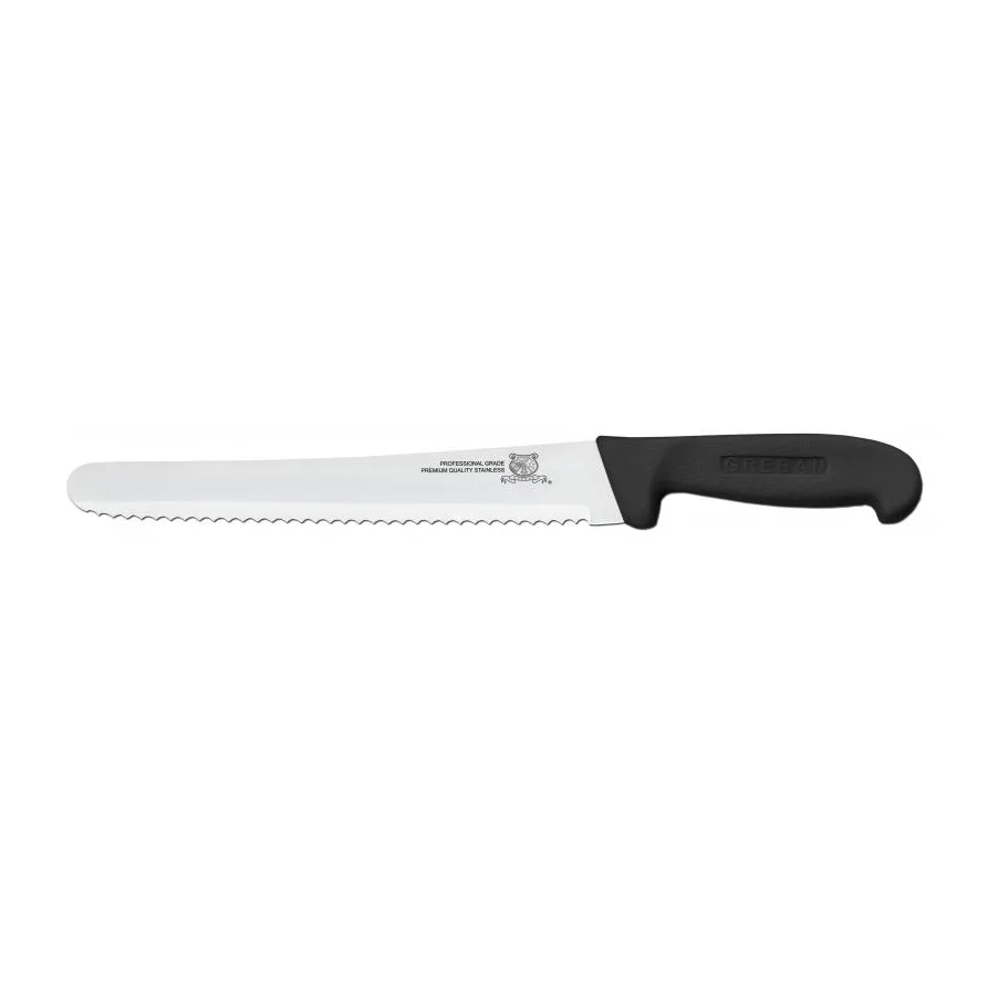 Omcan USA 12452 Slicing Knife – 10" Curved Wave Edge Blade, Stamped, Black Polypropylene Handle