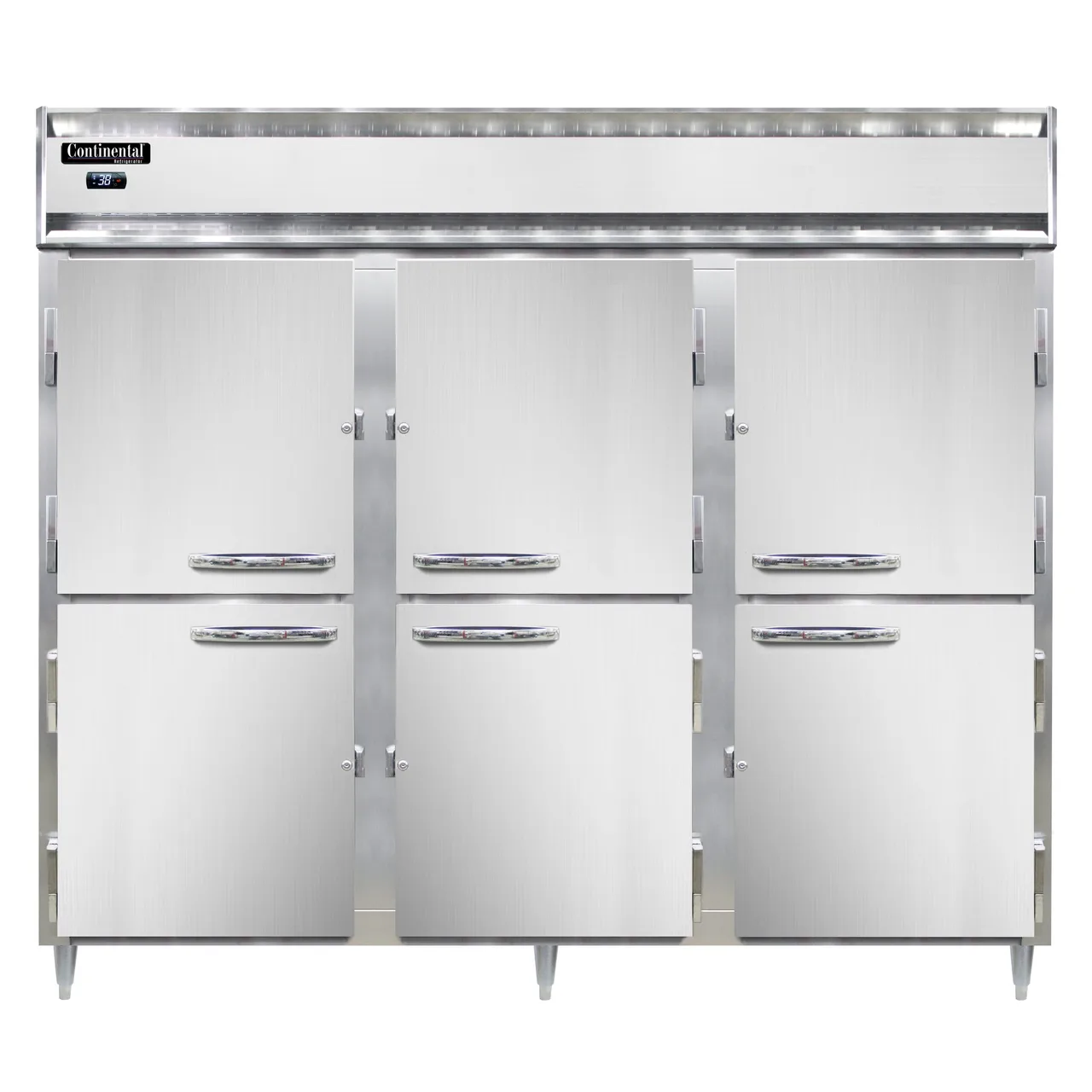 Continental Refrigerator DL3RENPTHD 86" 3-Section Pass-Thru Refrigerator w/ 12 Half Solid Doors, Stainless Steel Front Aluminum Ends, 75 cu. ft.