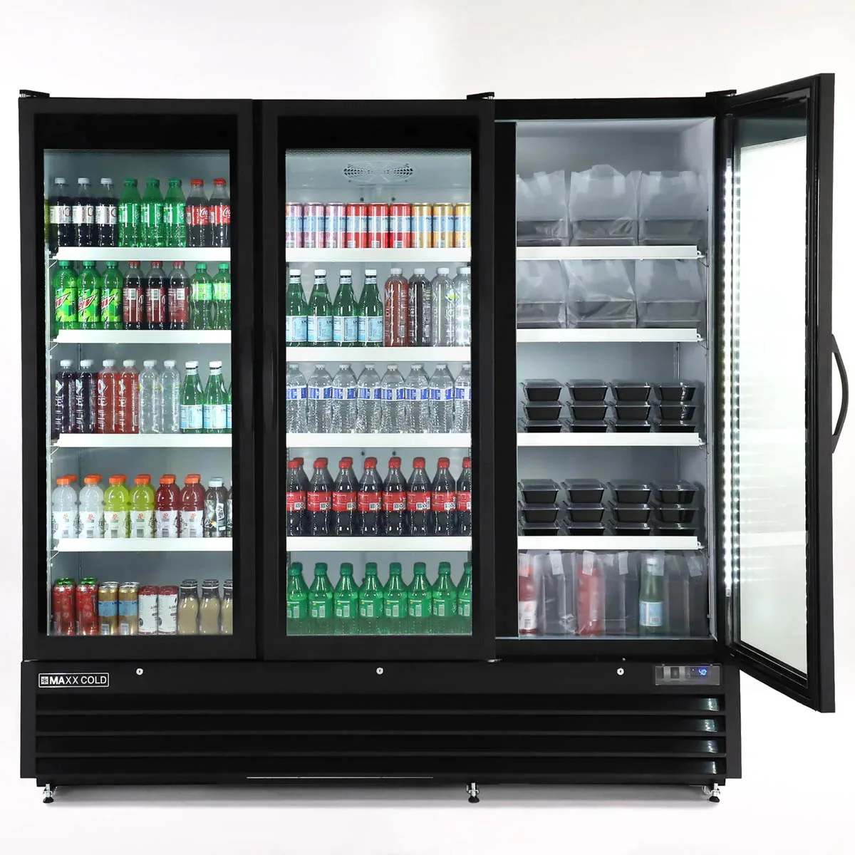 Maxx Cold MXGDM-73RBHC 81" Triple Door Glass Merchandiser, 73 cu ft, 2/3 HP Compressor, Lockable Doors