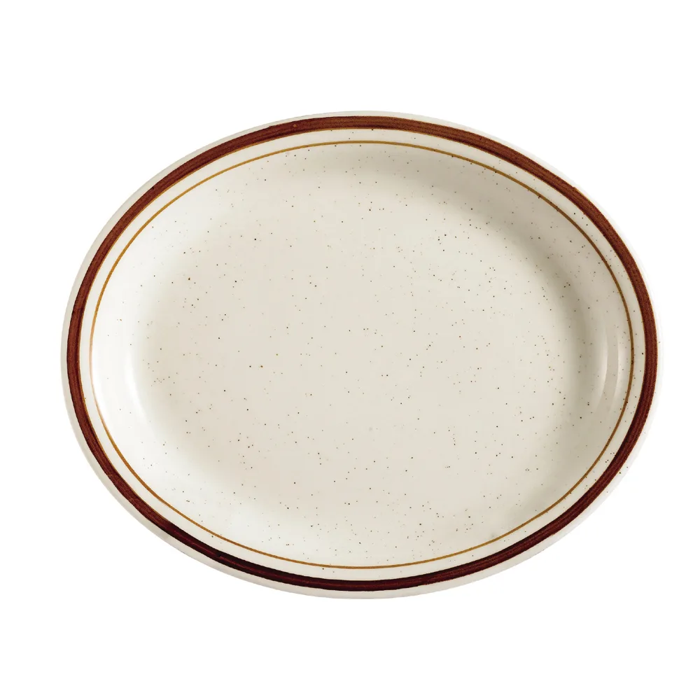 CAC China AZ-14 Platter, 13-1/2" L x 10-1/8" W x 1-1/4" H, Oval Rim, Brown White Stoneware - Dozen