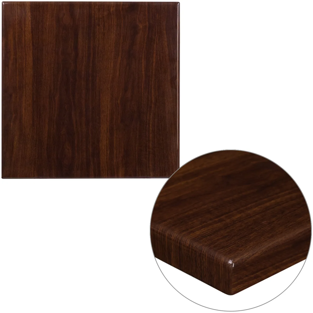 Flash Furniture TP-WAL-2424-GG Square Table Top, 24"W x 24"D, 2" Thick Drop-Lip, High Gloss Resin, Walnut Finish