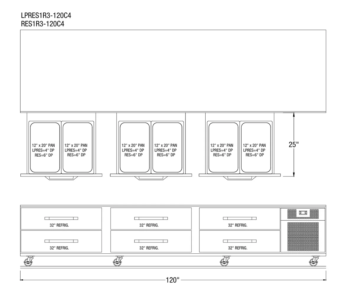 Randell RES1L3-120C4 120" 6 Drawers Refrigerated Chef Base w/ Marine Edge, Self-Contained
