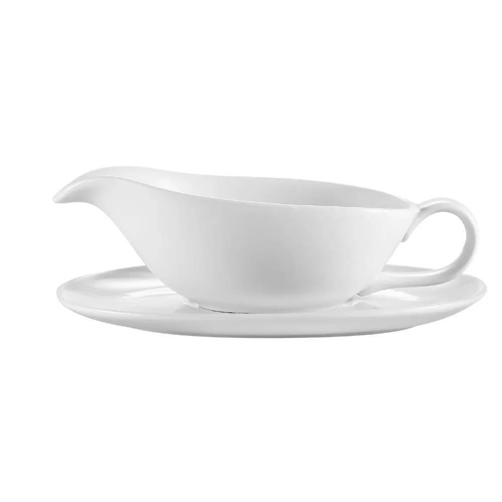 CAC China SBT-20 - 20 oz Porcelain Sauce Boat 9"¼×7" with Handle and Saucer 9"¼×4¾"×⅞", Safe - Set