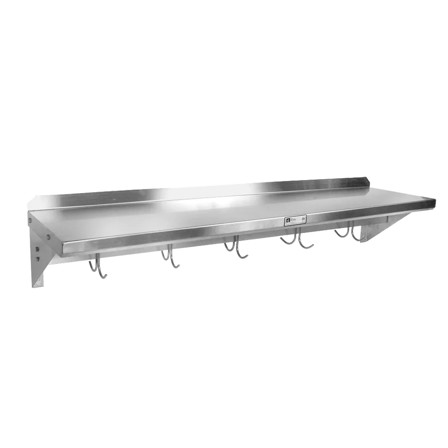John Boos BHS18144PR-16/304 Stainless Steel Wall Mounted Shelf w/ Pot Rack - 144"W x 18"D