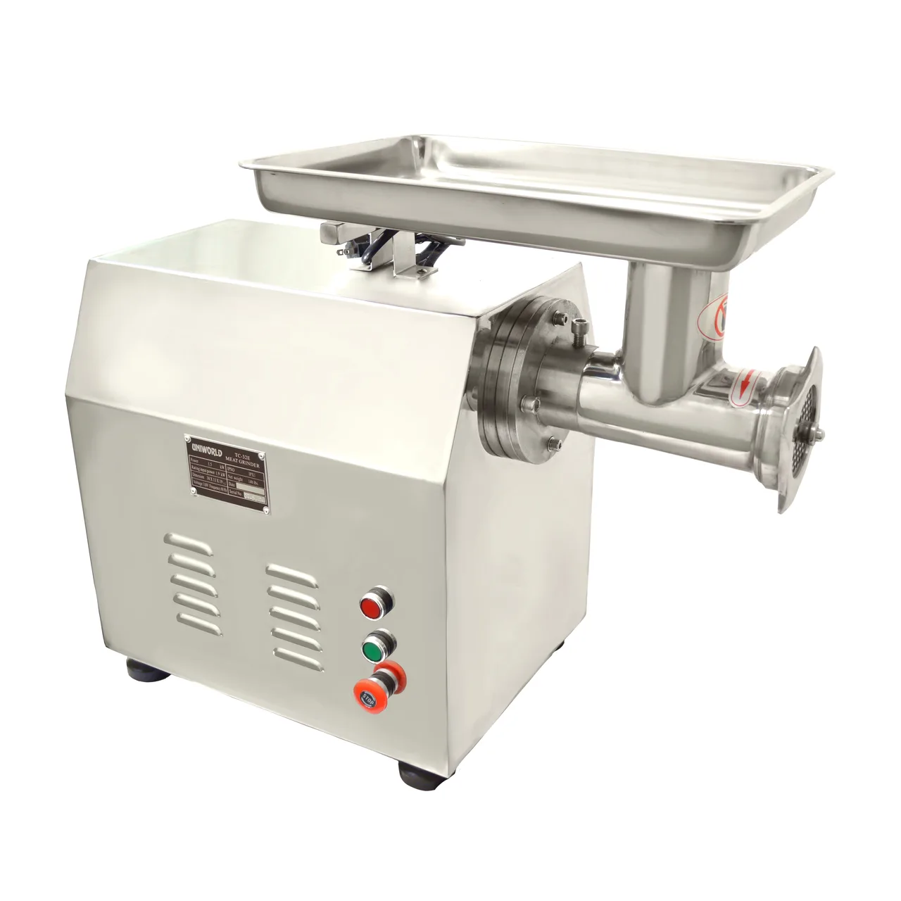 Uniworld TC-32EN Countertop Electric Meat Grinder, 2 HP, 2600 RPM Motor, 240 RPM Blade, Stainless, 1/4” & 3/8” Plates