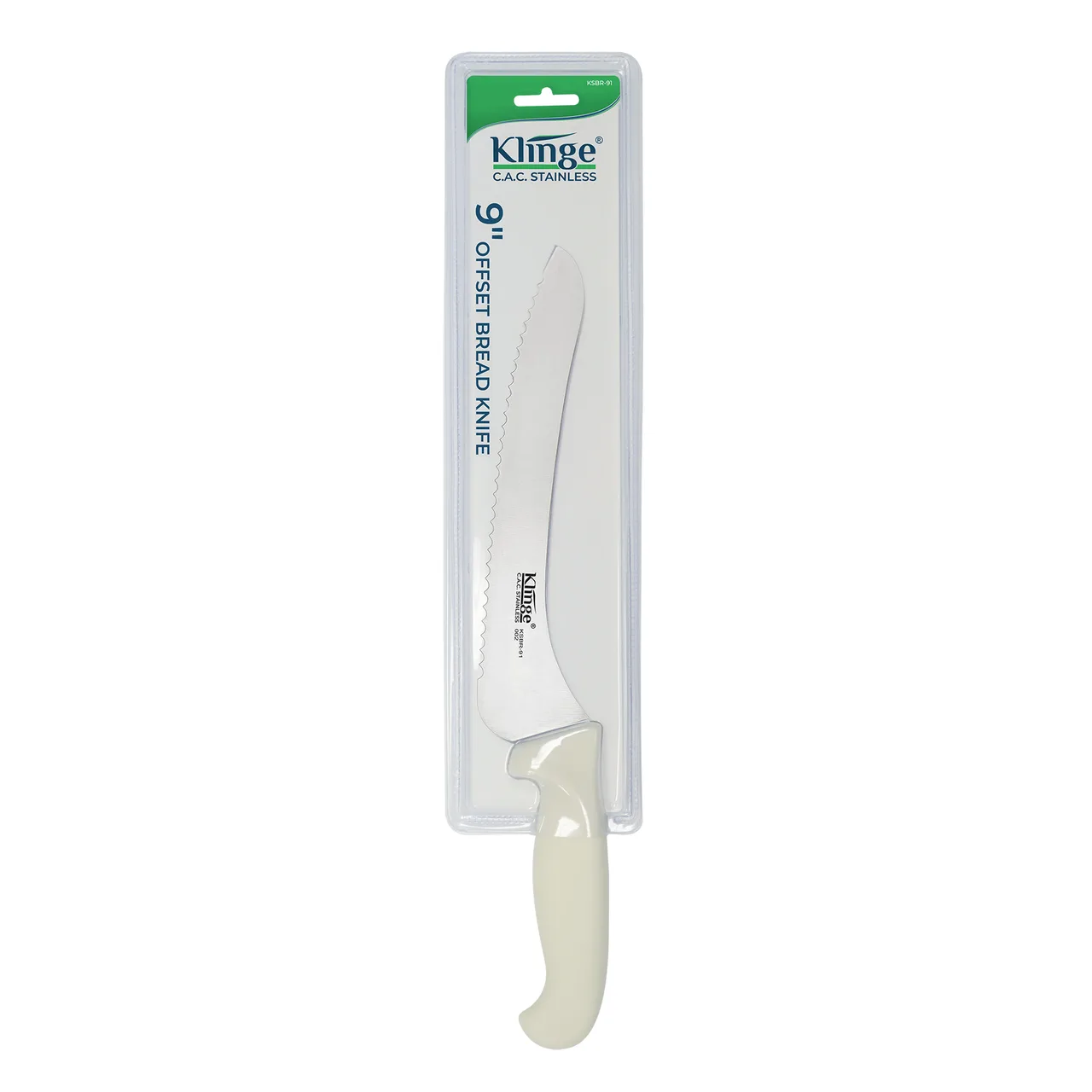 CAC China KSBR-91 Klinge Bread Knife, 9", Offset, Stamped, German High-Carbon Steel, White Handle