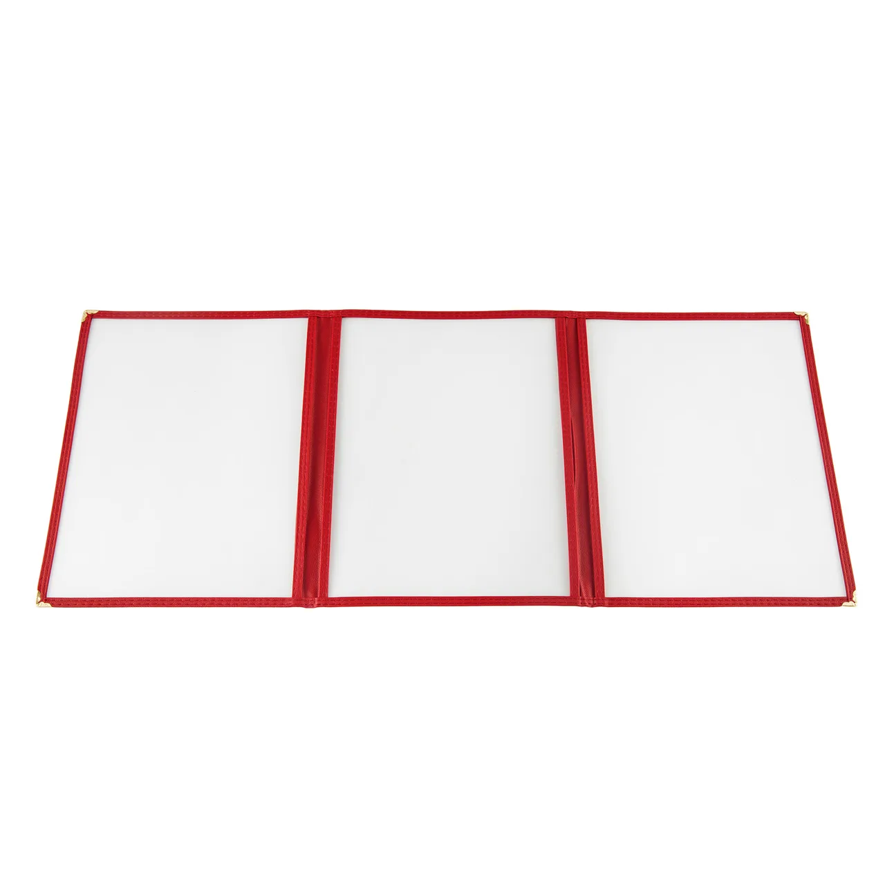 CAC China MCP3-911RD 3‑Pocket Menu Cover, 8‑1/2" x 11", Double‑Sided View, Brass Corners, Red Trim