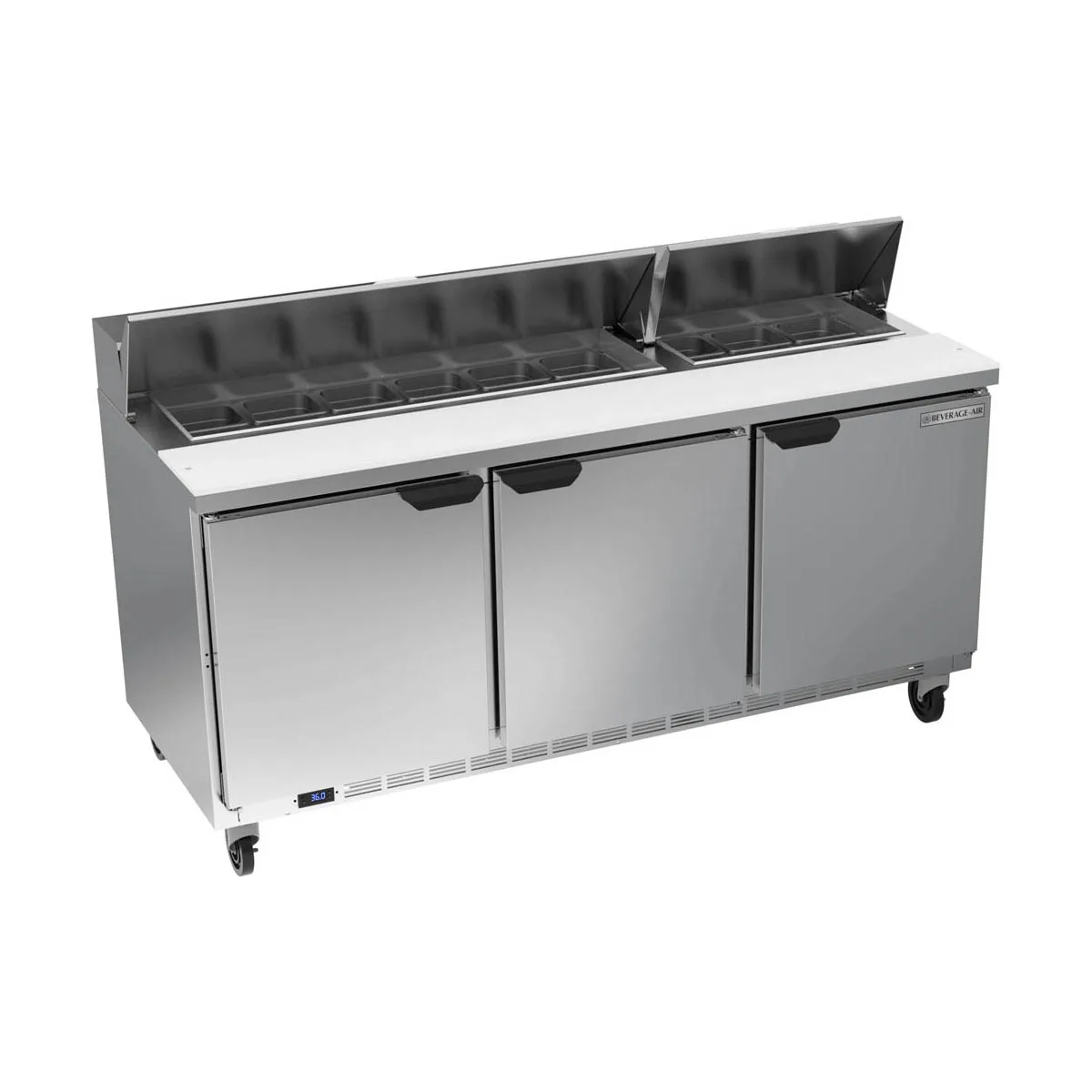 Beverage Air SPE72HC-18 72" Three Section Sandwich/Salad Prep Table w/ 3 Doors, 18 pans, 20 cu. ft.