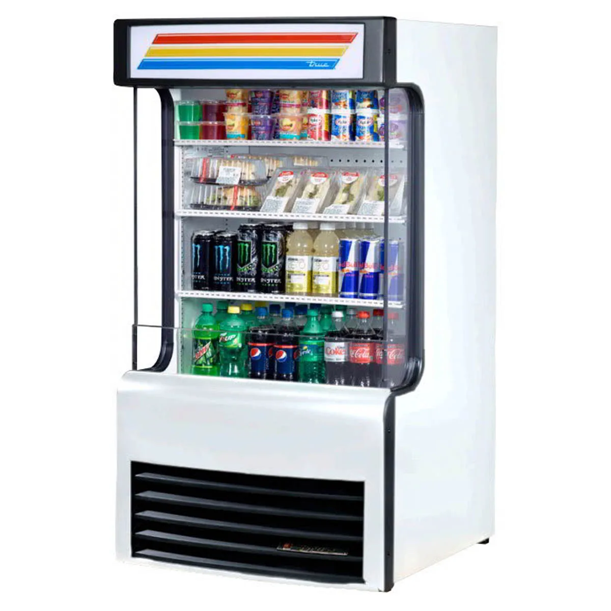 True TAC-14GS-LD 30" Vertical Air Curtain Merchandiser in Black, Self Contained, 3 Shelves, Plexiglass Side Panels